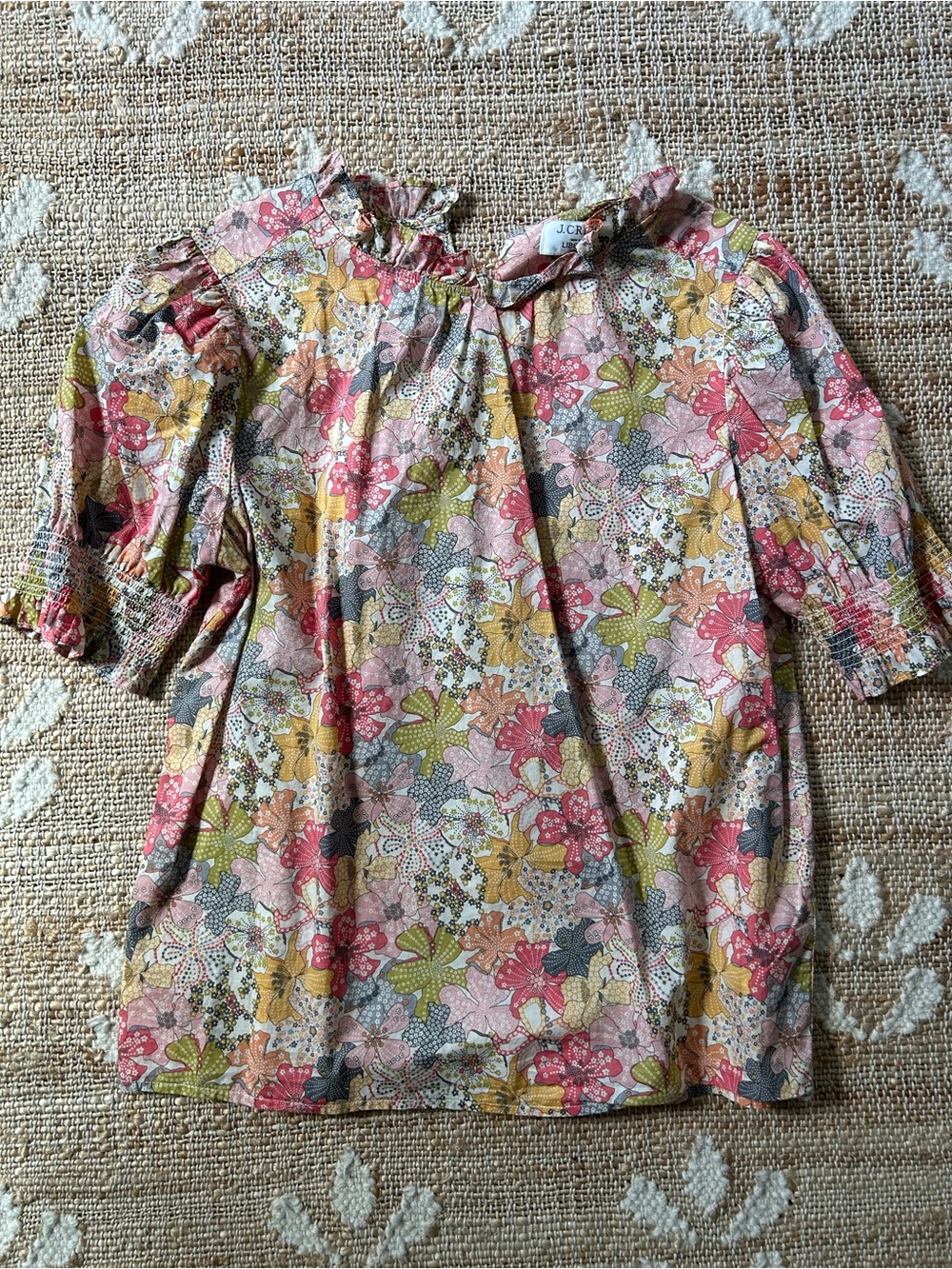 J. Crew Floral Puff Sleeve Blouse in Pink, Green & Yellow